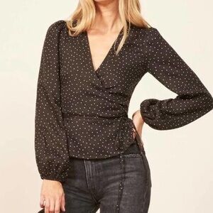 REFORMATION Alaina Wrap Top Ditto Dot Black White Polka Dot Print blouse shirt